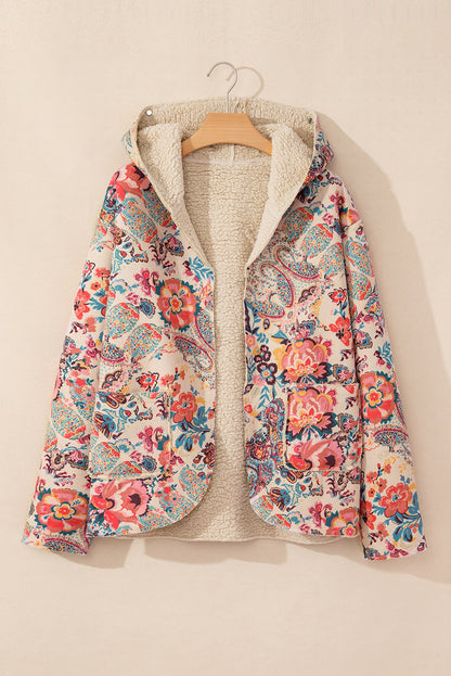 Khaki Vintage Paisley Floral Printed Sherpa Lined Hooded Jacket