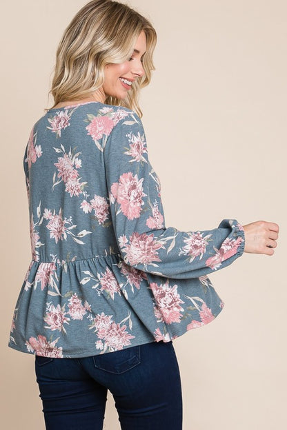 Super Lady Full Size Babydoll Floral Long Sleeve Blouse