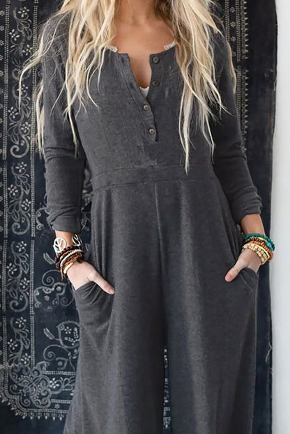 Grey Henley Long Sleeve Wide Leg Jumpsuit with Pockets