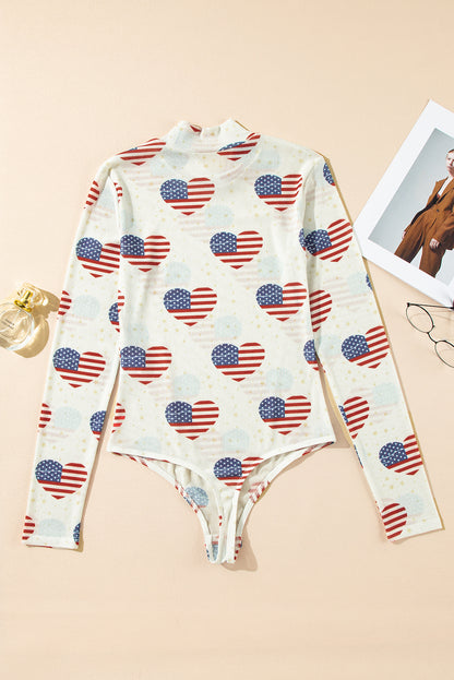 White Heart USA Flag Print Glitter Mesh Bodysuit