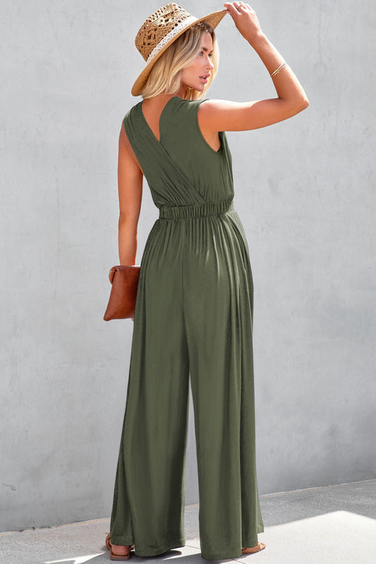 Jungle Green Deep V Pocketed Pleated Wide Leg Jumpsuit