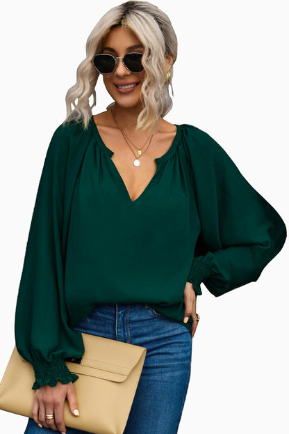 Rose Pleated V Neck Puffy Sleeve Blouse