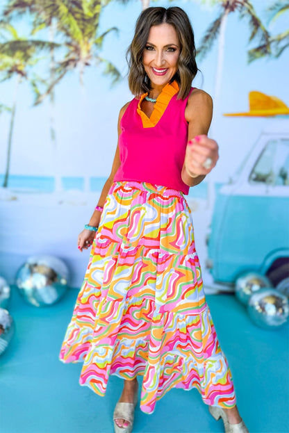 Pink Bohemian Abstract Print Tiered Maxi Skirt