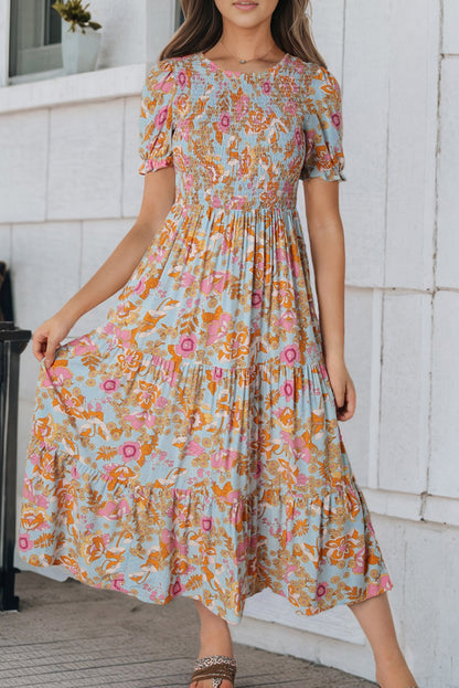 Boho Wide Sleeve Smocked Waist Floral Dress