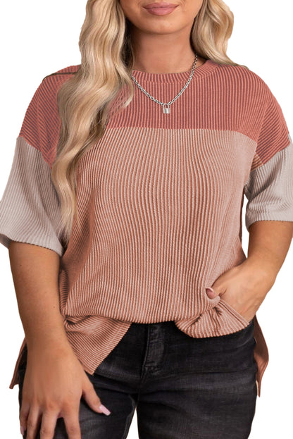 Rose Pink Plus Size Drop Sleeve Colorblock Ribbed T-shirt