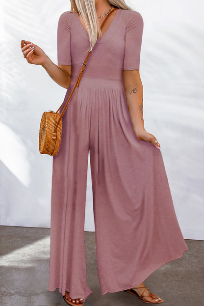 Red Plain Basic Short Sleeve Wide Leg Jumpsuit