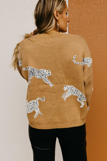 Camel Color Animal Print Drop Shoulder Knit Sweater