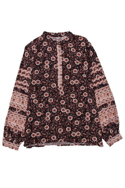 Brown Floral Print Boho Buttons Front Peasant Blouse