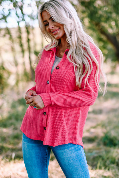 Hot Pink Pocket Buttons Front Waffle Knit Top