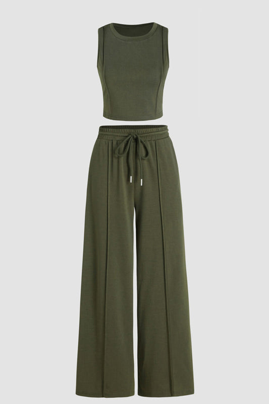 Jungle Green Solid Cropped Tank Top and Wide Leg Pants Set