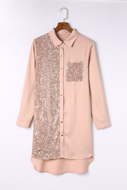 Khaki Sequin Splicing Pocket Button Shirt Dress