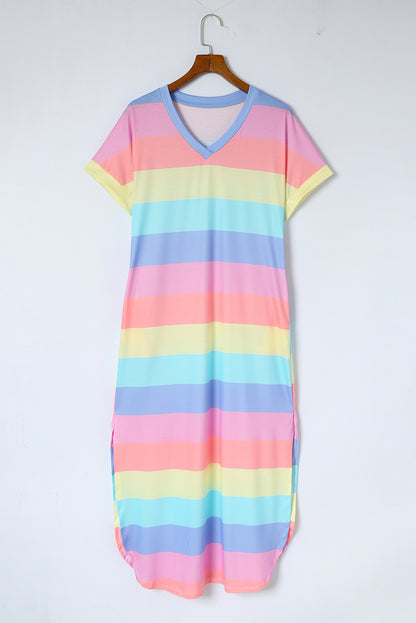 Multicolor Striped V Neck Side Slits T Shirt Dress with Pockets