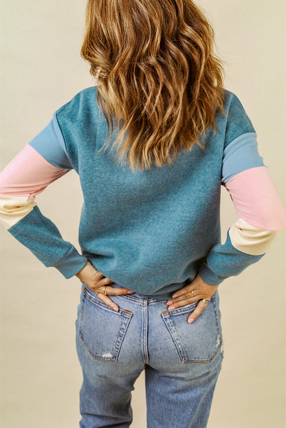 Rosy Color Block Casual Drop Sleeve Sweatshirt