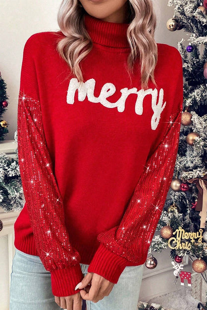 Racing Red Merry Graphic Sequin Sleeve Christmas Sweater