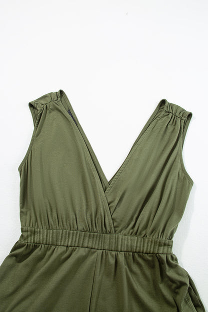 Jungle Green Deep V Pocketed Pleated Wide Leg Jumpsuit