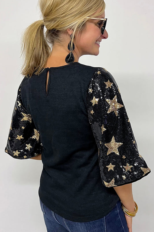 Black Star Sequin Patched Half Sleeve Blouse