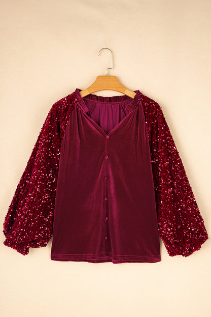 Evergreen Velvet Sequin Patchwork Sleeve Button Up Blouse