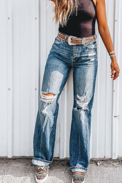 Dusk Blue Mineral Washed High Rise Ripped Jeans