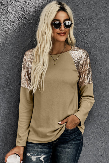 Black and Gold Raglan Sleeve Sequin Top Pullover Long Sleeve Shirt