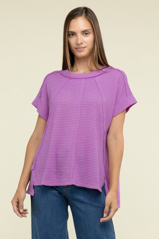 Brushed Waffle Exposed-Seam Short Sleeve Top