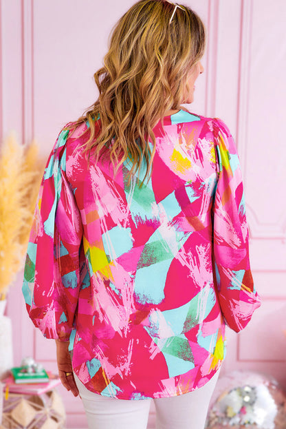 Plus Size Graffiti Print Split Neck Puff Sleeve Blouse