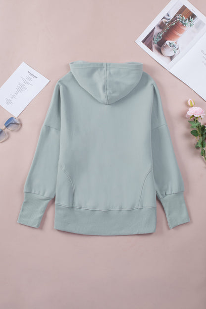 Light Blue Casual Batwing Sleeve Pocket Henley Hoodie