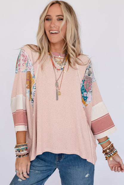 Sky Blue Striped and Floral Patchwork Oversized Top