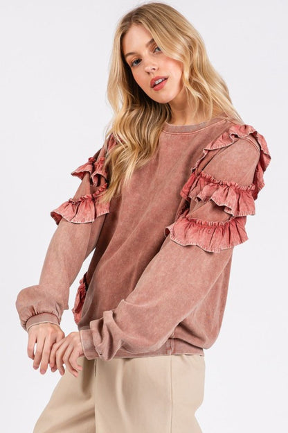 Mittoshop Ruffled Mineral Washed Round Neck Long Sleeve Sweatshirt