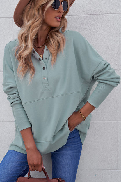 Light Blue Casual Batwing Sleeve Pocket Henley Hoodie