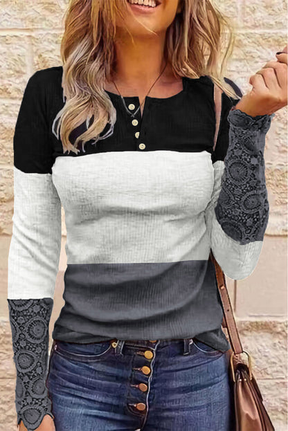 Color Block Ribbed Lace Crochet Sleeves Henley Shirt for Women