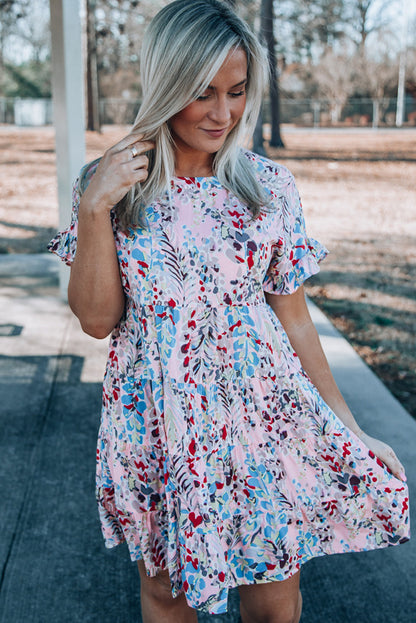 Pink Abstract Print Boho Tiered Ruffled Short Dress