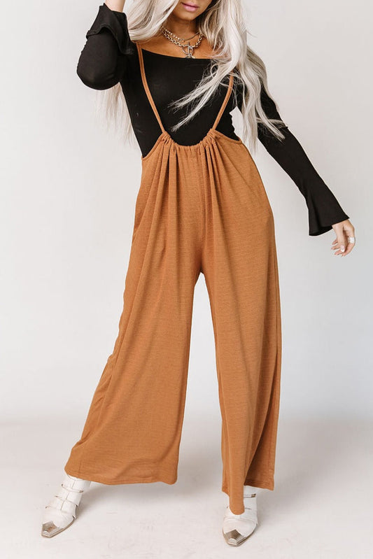 Orange High Rise Drawstring Wide Leg Suspender Pants