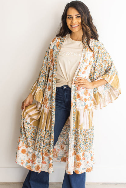 Multicolor Wide Sleeve Mixed Floral Print Long Kimono