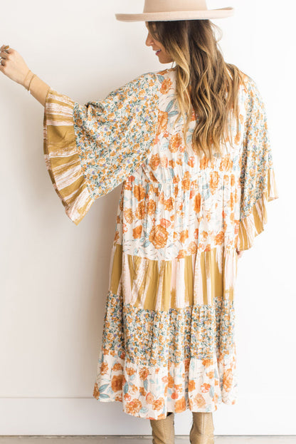 Multicolor Wide Sleeve Mixed Floral Print Long Kimono