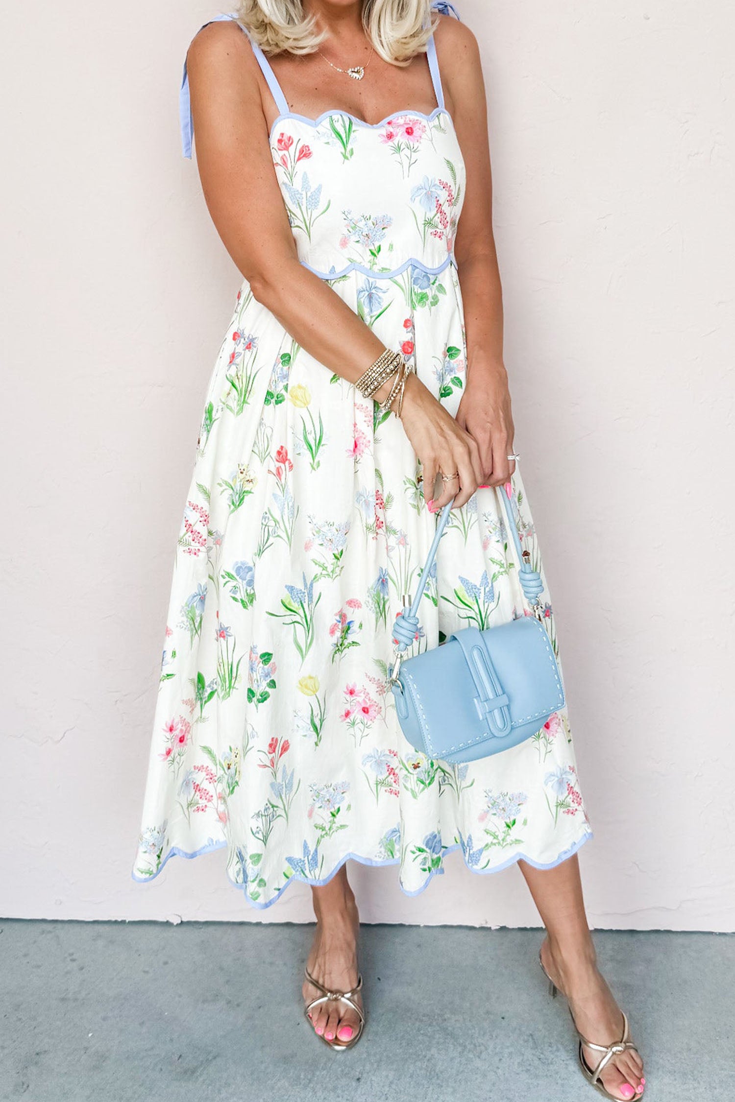 Yellow Floral Print Contrast Trim Self-tie Straps High Waist Midi Dress
