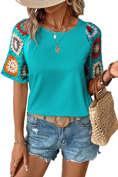 Turquoise Hollowed Floral Crochet Sleeve Boho Blouse