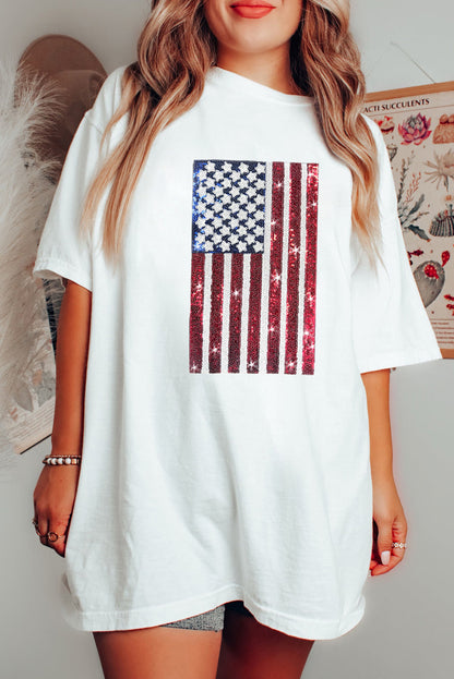 White Sequined American Flag Graphic Crewneck Oversized Tee