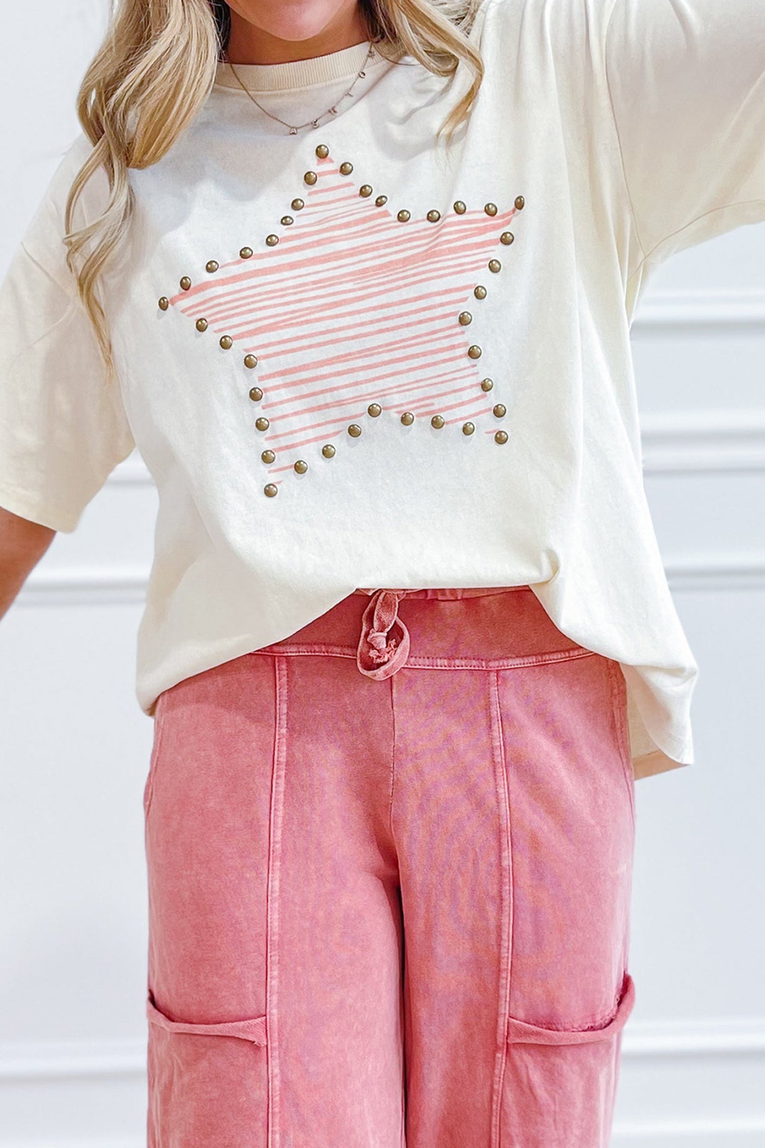 Beige Stardaze Star Print Stud Detail Cotton Jersey Top_y