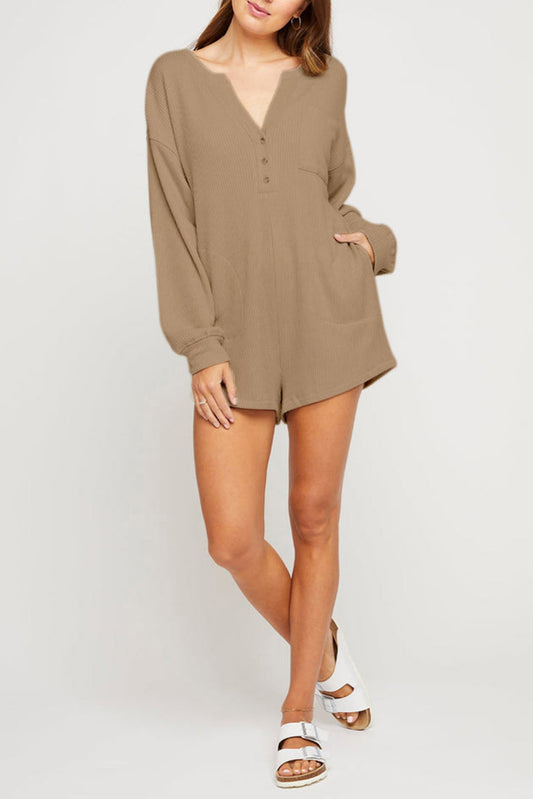 Khaki Casual Henley Button V Neck Pocketed Romper