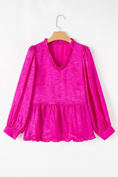 Gold Metallic Velvet Frill V Neck Puff Sleeve Babydoll Blouse