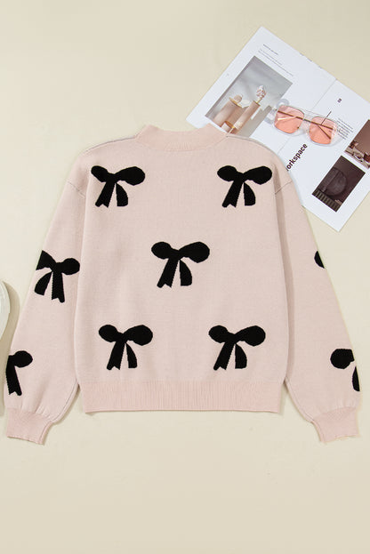 Bright Pink Pearl Embellished Bow Pattern Loose Sweater