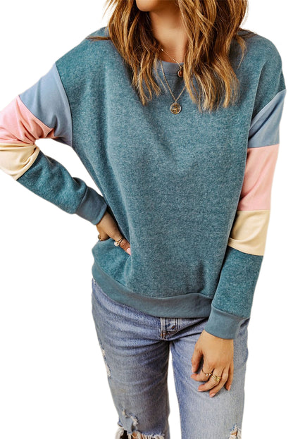 Rosy Color Block Casual Drop Sleeve Sweatshirt