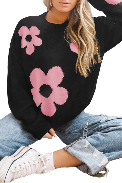 Black Flower Pattern Ribbed Trim Knit Sweater