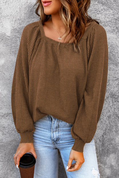 Apricot Waffle Texture Square Neck Pullover Top