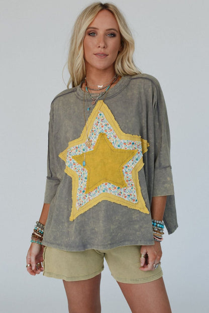 Medium Grey Floral Star Patched Exposed Seam Mineral Wash Top