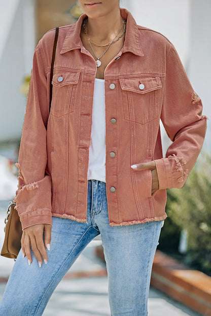 Red Distressed Raw Hem Pocket Buttons Denim Jacket