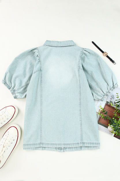 Distressed Bubble Sleeve Denim Shirt