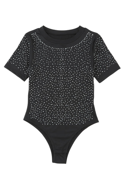 Rose Rhinestone Allover Round Neck Short Sleeve Bodysuit