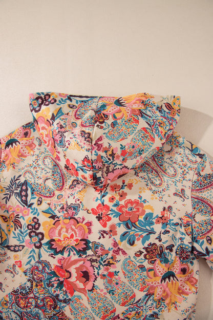 Khaki Vintage Paisley Floral Printed Sherpa Lined Hooded Jacket