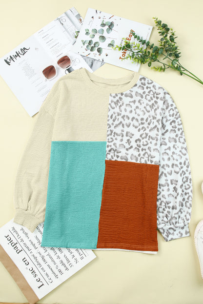 Cheetah Print Color Block Casual Pullover Long Sleeve Top